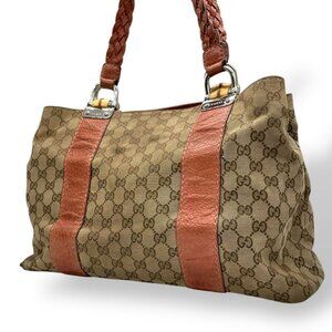 Gucci GG Canvas Bamboo Tote Leather Brown Silver Handbag Large Capacity